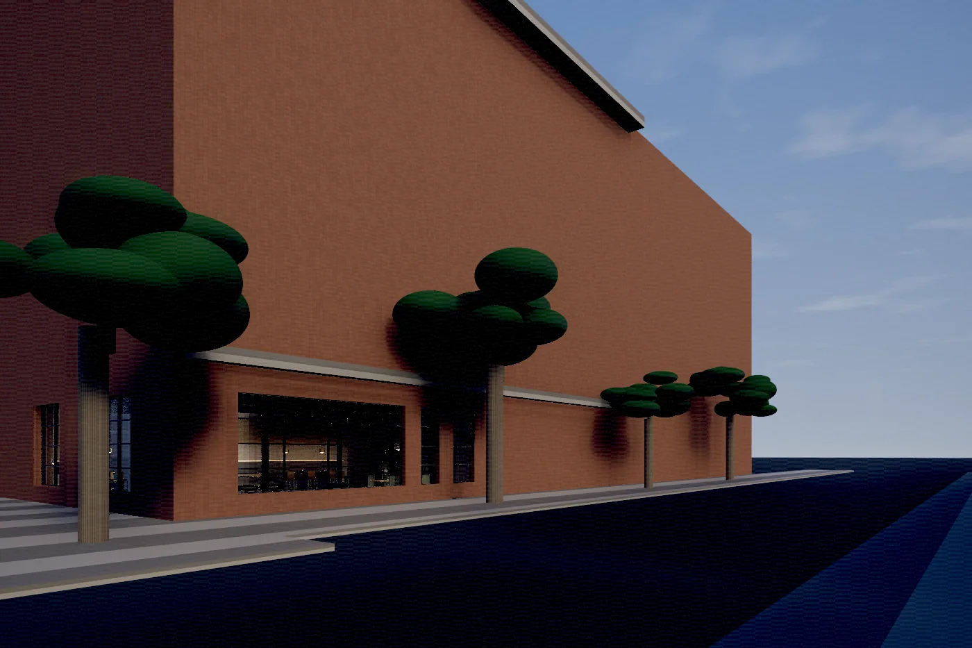 Oldgate street elevation: brick warehouse with steel-framed windows and street trees