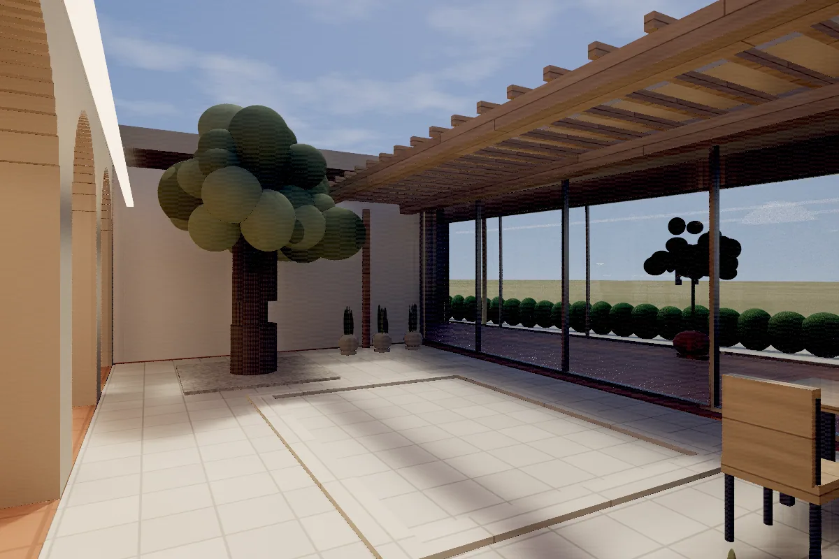 The arcade at Olive Court looking out to the courtyard beneath its timber pergola