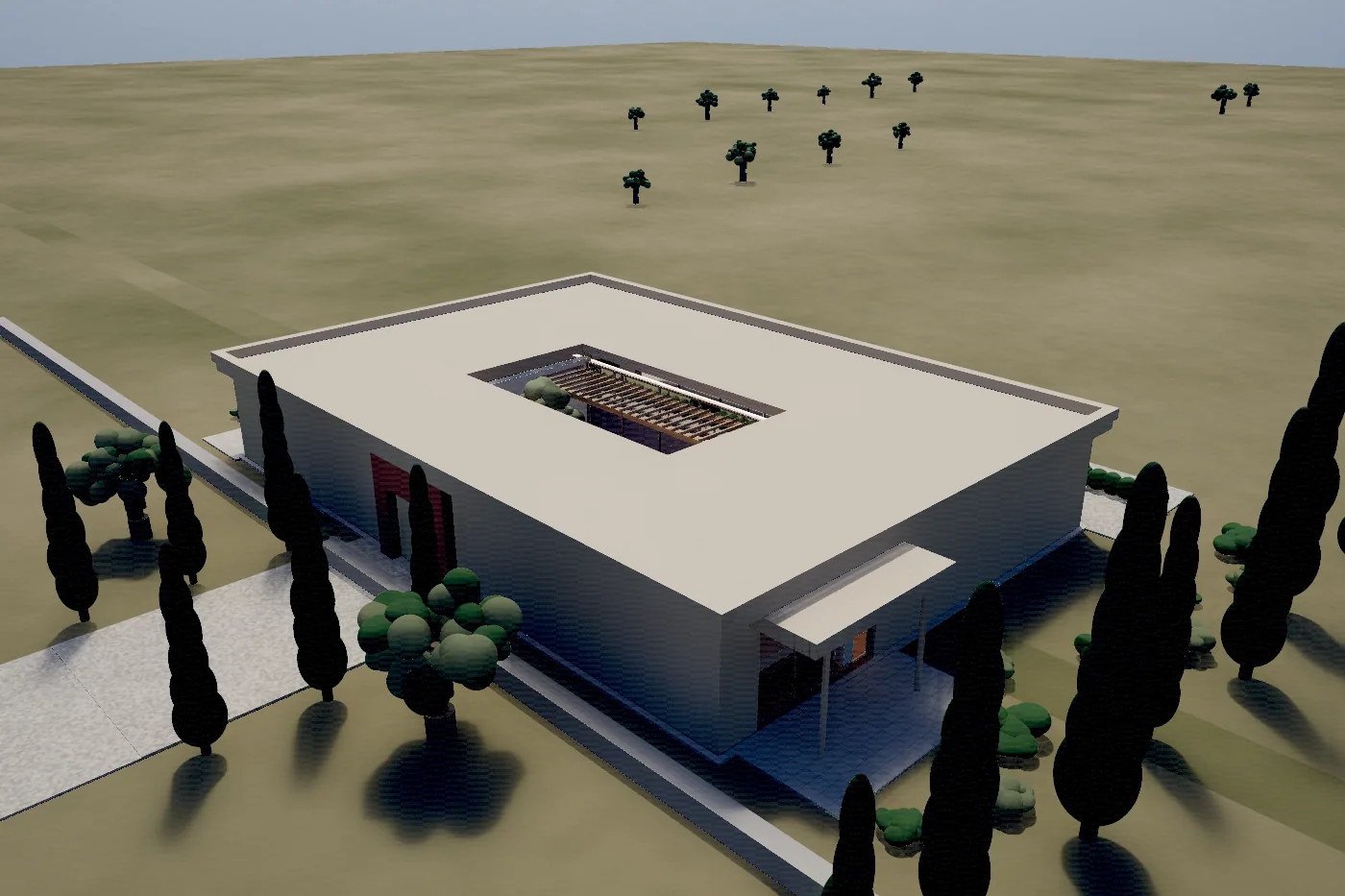 Aldermont Hill from above, a single-storey courtyard house among olive terraces