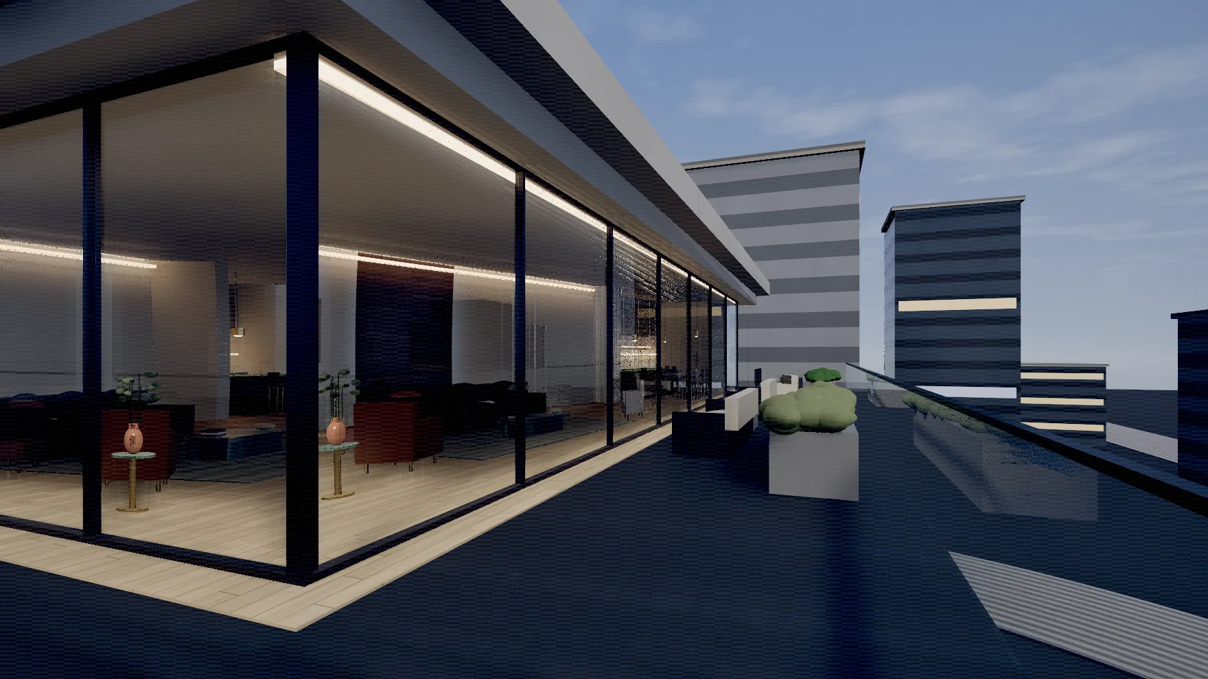 The wrap-around terrace of Penthouse 21 with the city skyline beyond