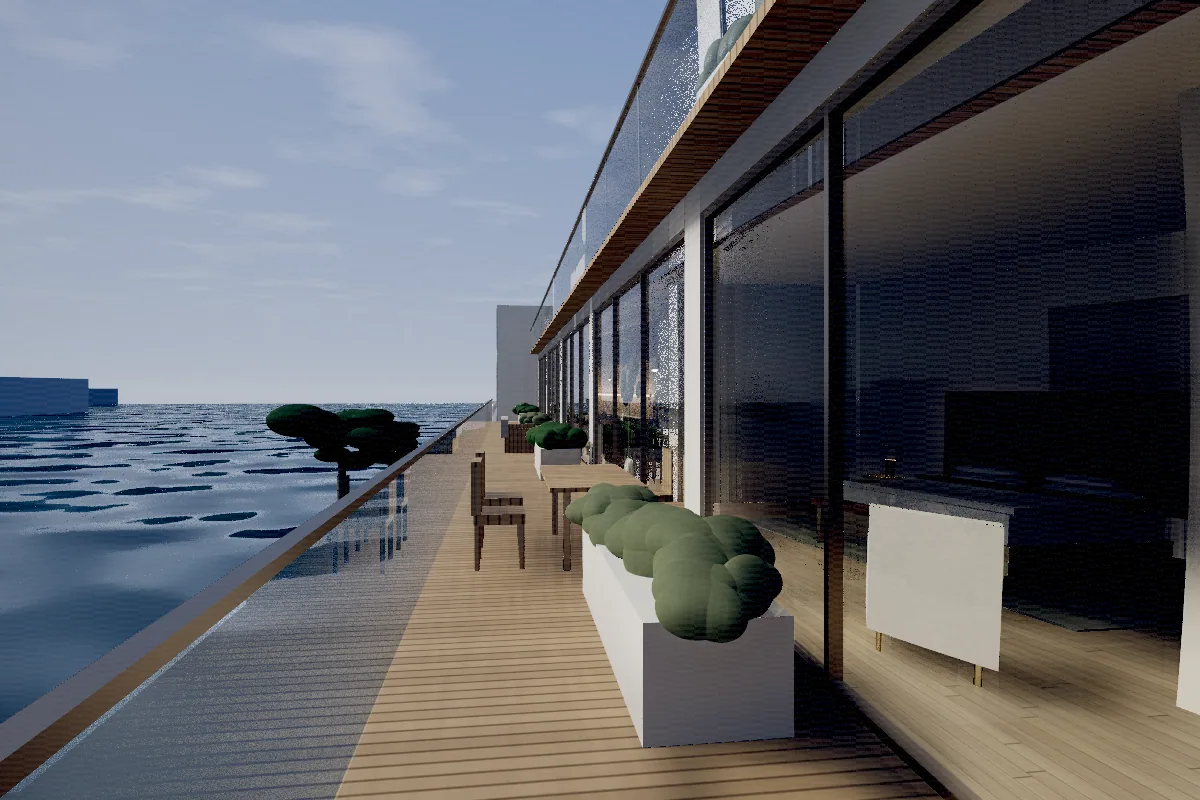 The roof terrace of Penthouse 14 at Saltmere Point looking over the estuary