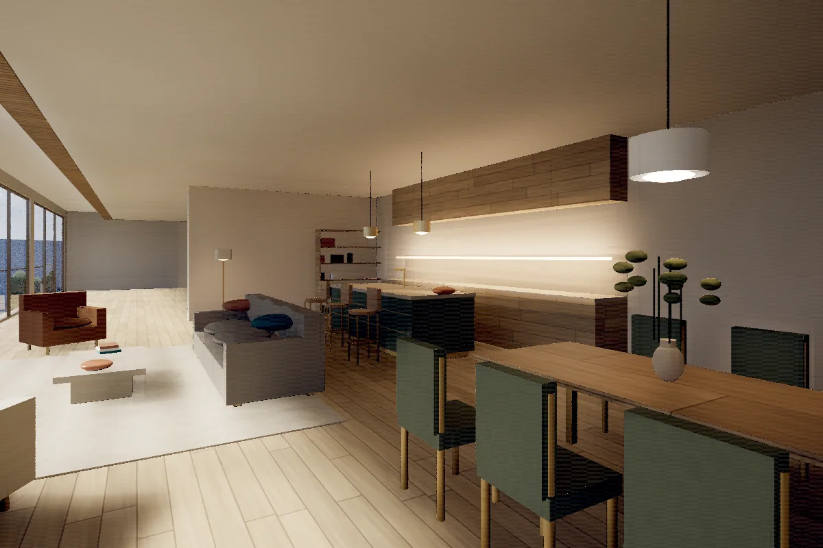 A kitchen in a new residence with stone worktops and oak joinery